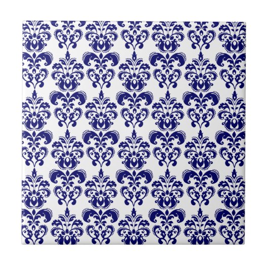 Navy Blue, White Damask Pattern 2 Tegeltje (Voorkant)