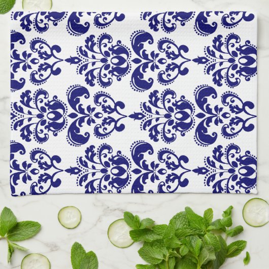 Navy Blue, White  Damask Pattern 2 Theedoek (Gevouwen)