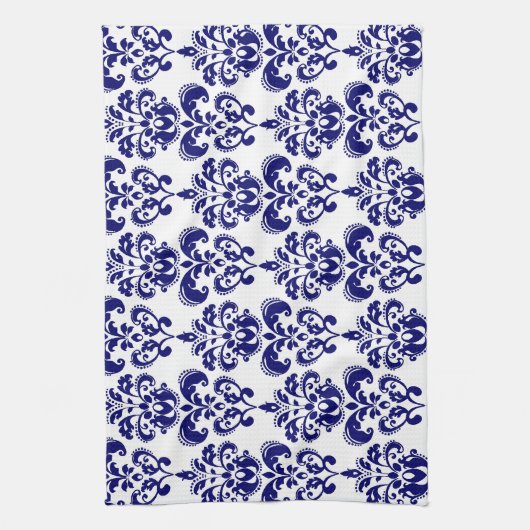 Navy Blue, White  Damask Pattern 2 Theedoek (Verticaal)