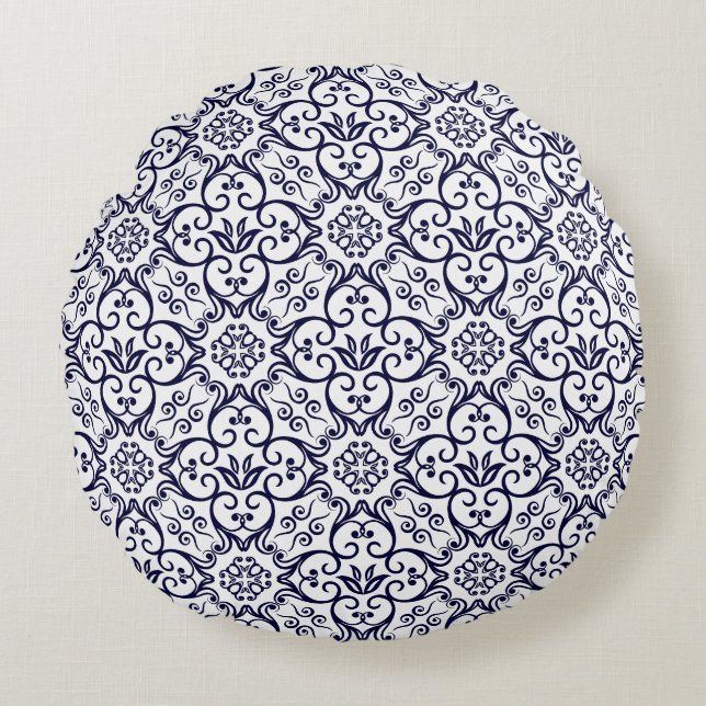 Navy Blue & White Damask Round Pillow Rond Kussen (Voorkant)