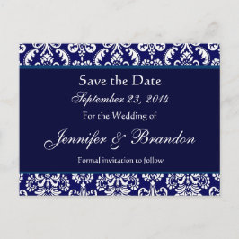 Navy Blue & White Damask Save The Date Briefkaart