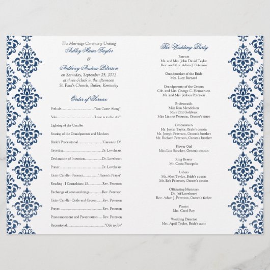 Navy Blue White Damask voudable Wedding Programme (Achterkant)
