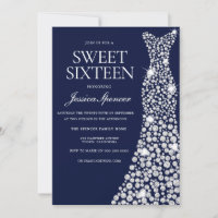 Navy Blue White Dress Sweet 16 Invite
