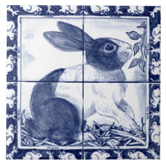Navy Blue White Dutch Rabbit Dedham Delft Mural Tegeltje (Voorkant)