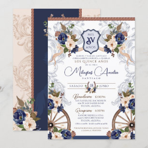 Navy Blue White Elegant Baroque Charro Quinceanera Kaart