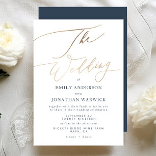 Navy Blue White Elegant Faux Gold The Wedding Kaart