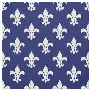 Navy Blue, White Fleur de Lis Pattern Stof