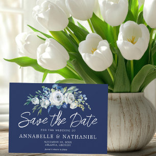 Navy Blue White Floral Elegant Winter Evening Save The Date