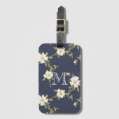 Navy Blue White Floral Monogram Bagagelabel (Voorkant (verticaal))