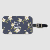 Navy Blue White Floral Monogram Bagagelabel (Voorkant (horizontaal))