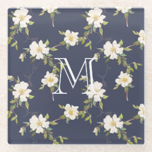 Navy Blue White Floral Monogram Glazen Onderzetter
