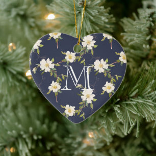 Navy Blue White Floral Monogram Keramisch Ornament