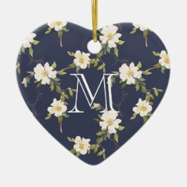 Navy Blue White Floral Monogram Keramisch Ornament
