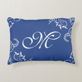 Navy Blue White Floral Monogram Sierkussen Accent Kussen