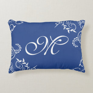 Navy Blue White Floral Monogram Sierkussen Accent Kussen
