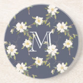 Navy Blue White Floral Monogram Zandsteen Onderzetter (Voorkant)