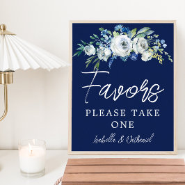 Navy Blue White Floral Winter Wedding Favors Poster
