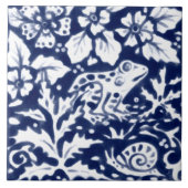 Navy Blue White Frog Snail Fern Leaf Cobalt Tegeltje (Voorkant)