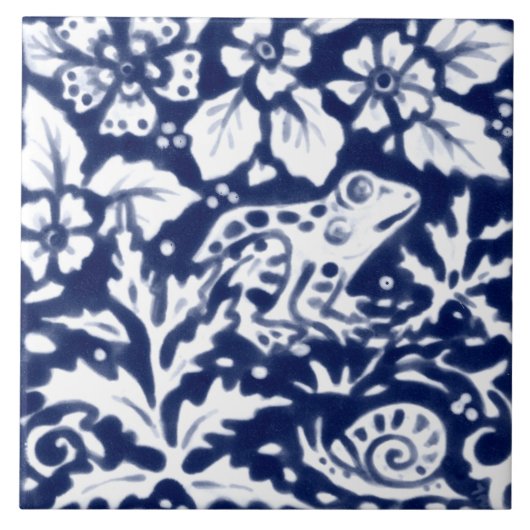 Navy Blue White Frog Snail Fern Leaf Cobalt Tegeltje (Voorkant)