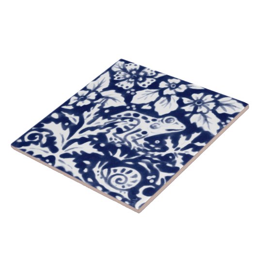 Navy Blue White Frog Snail Fern Leaf Cobalt Tegeltje (Zijkant)