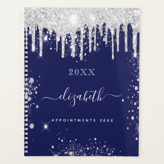 Navy blue white glitter drupt monogram script 2023 planner (Voorkant)