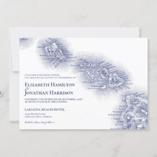 Navy Blue White  Hawaii Map Wedding Kaart