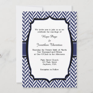 Navy Blue White Herringbone Wedding Invitation Kaart