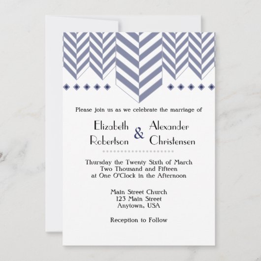Navy Blue White Herringbone Wedding Invitation Kaart (Voorkant)