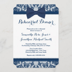 Navy Blue & White Lace Bow Rehearsal Dinner Kaart