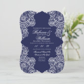 Navy Blue White Lace Elegant Vintage Wedding Kaart (Staand voorkant)