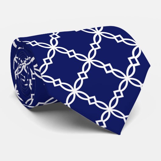 Navy Blue White Large Fancy Quatrefoil Pattern Stropdas (Opgerold)