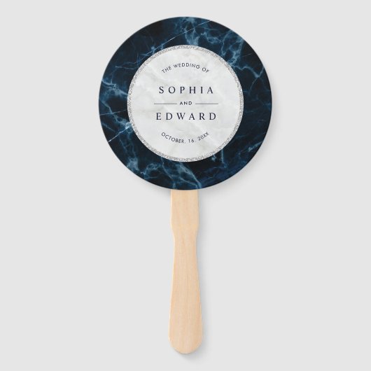 Navy Blue White Marmer Wedding Programme Handwaaier (Voorkant)