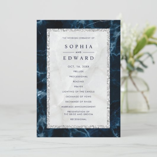Navy Blue White Marmer Wedding Programme Programma (Staand voorkant)