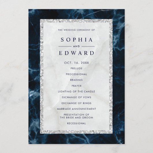 Navy Blue White Marmer Wedding Programme Programma (Voorkant)