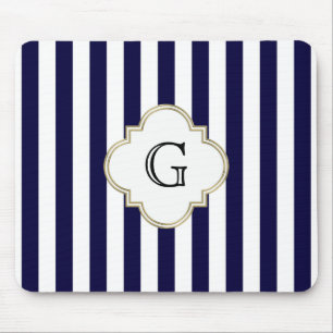 Navy Blue White Medium Stripe White Monogram Label Muismat
