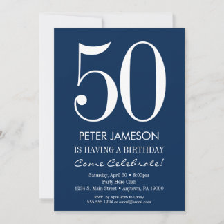 Navy Blue White Modern Adult Birthday Invitations Kaart