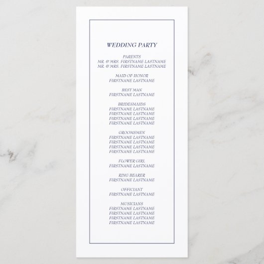 Navy Blue White Modern minimalist Wedding Programma (Achterkant)