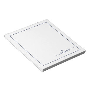 Navy Blue White Modern Script Girly Monogram Naam Notitieblok