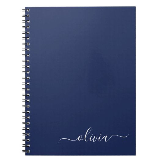 Navy Blue White Modern Script Girly Monogram Naam Notitieboek (Voorkant)