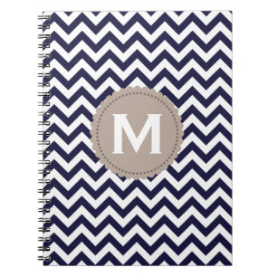 Navy Blue White Monogram Chevron Pattern Notitieboek