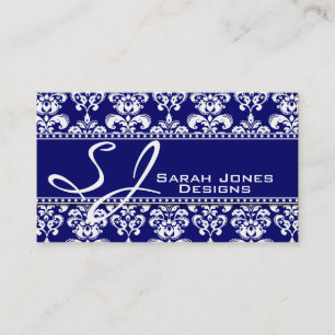 Navy Blue White Monogram Damask Visitekaartjes