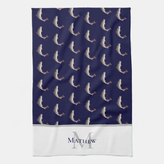 Navy Blue White Monogram naam Forel patroon Theedoek (Verticaal)