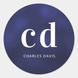 Navy blue white monogram name ronde sticker