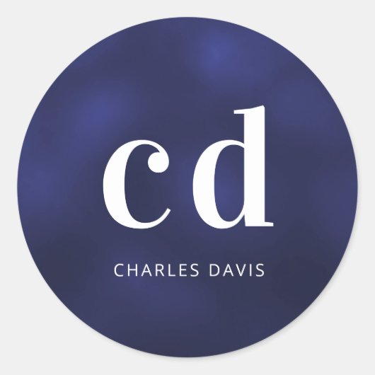 Navy blue white monogram name ronde sticker (Voorkant)