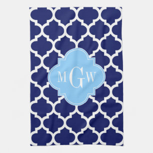 Navy Blue White Moroccan #5 Sky Blue Name Monogram Theedoek