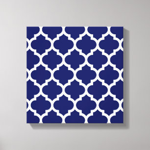 Navy Blue White Moroccan Quatrefoil Pattern #5 Canvas Afdruk