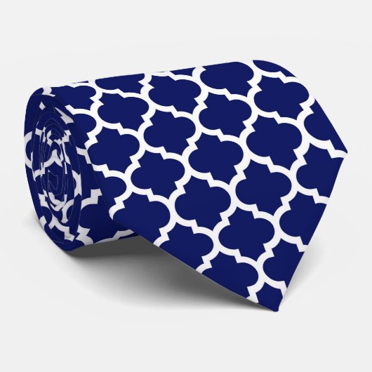 Navy Blue White Moroccan Quatrefoil Pattern #5 Stropdas (Opgerold)