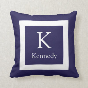 Navy Blue White - naam op aangepast monogram Kussen