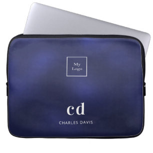 Navy blue white name in business logo laptop sleeve