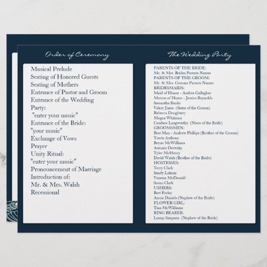 Navy Blue White Nautical Wedding Ceremony Programm (Voorkant / Achterkant)